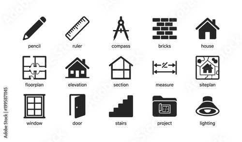 Architecture and drafting icons showing tools and building elements