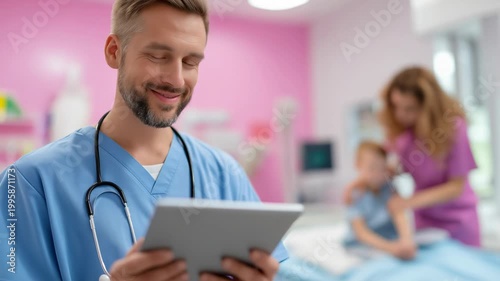 Tracking handheld pan tilt zoom shot of male doctor checking tablet and smiling while nurse cares for child in pediatric clinic examination room
