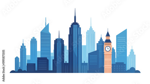 Photography Blue Skyline Silhouette Featuring London Clock Tower and Modern Skyscrapers