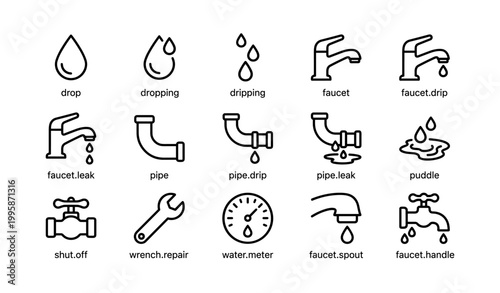 Water drops faucets and pipe leak icons arranged in grid