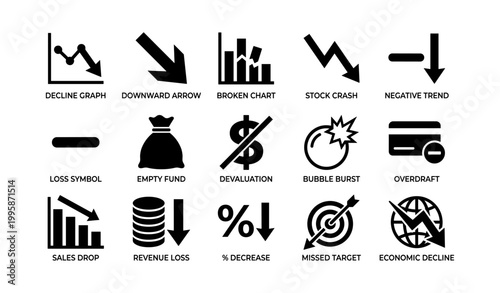 Financial icons depicting decline and losses on white background