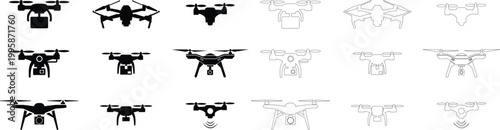 Drone quadcopter icon set collection group, UAV drone, aerial robot, quadcopter aircraft icons in black flat and line style vector, flying camera technology symbol pack for delivery surveillance