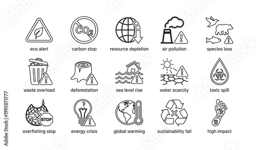 Environmental hazard icons showing alerts and impacts on white