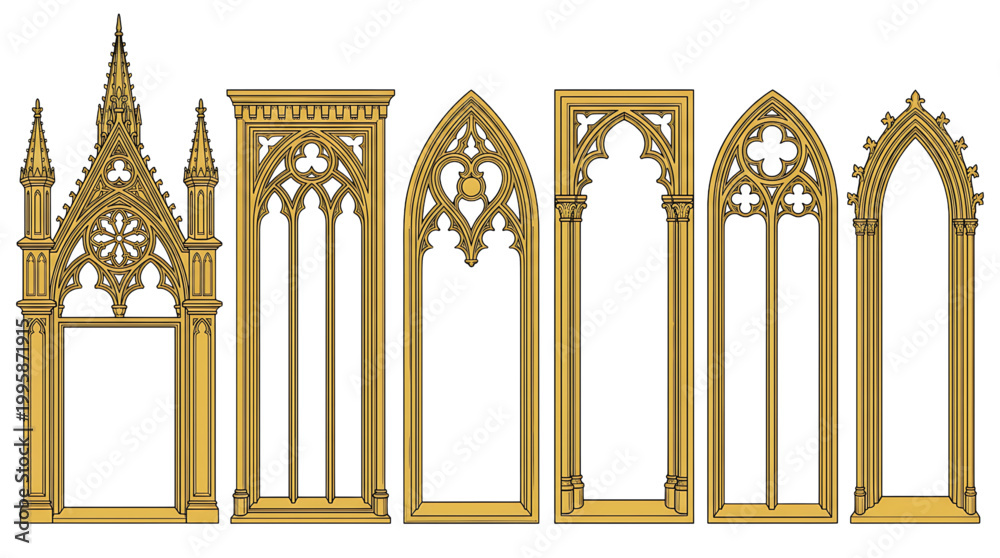 Αυτοκόλλητο Gothic window frame set, vintage church entrance art, hand drawn medieval cathedral doorway border