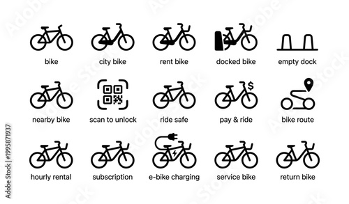 Bike sharing icons showing rental options on white background