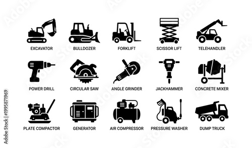 Construction equipment icons displayed in grid on white background