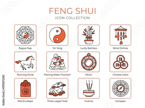 Professional collection of minimalist line art icons depicting Feng Shui symbols and traditional Chinese decorative elements for harmony and interior design themes