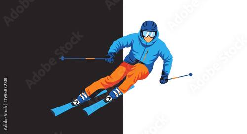 Skier in motion on snowy slope.
