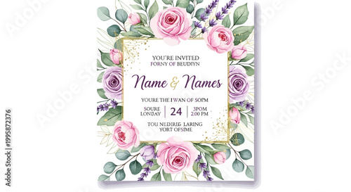 Elegant Floral Wedding Invitation with Roses and Lavender, Watercolor Design