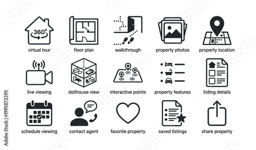 Property viewing icons showing listing tools and features on white