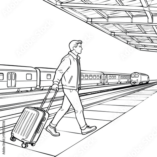 Man walking on a train station platform with a suitcase line art illustration of a traveler departing or arriving at a railway station with a train in the background