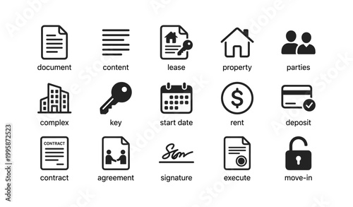 Lease and rental icons arranged in a grid on white background