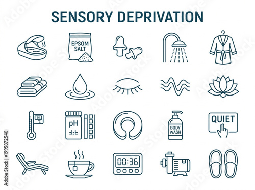 Detailed collection of minimalist line art icons depicting sensory deprivation tank equipment and float therapy wellness accessories for spa branding 