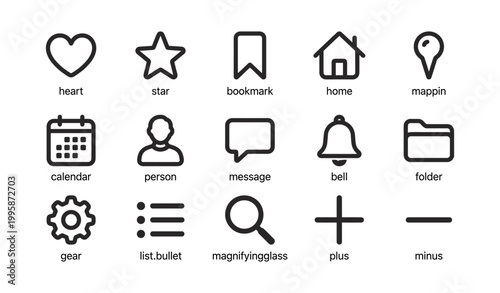 Ui icons displaying common symbols in grid on white background