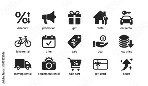 Rental and promotion icons showing discounts offers and services