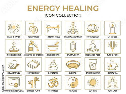 Detailed collection of gold line art icons illustrating holistic energy healing practices and spiritual wellness symbols for alternative therapy branding