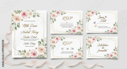 Elegant Wedding Invitation Suite with Floral Design and Gold Geometric Frames