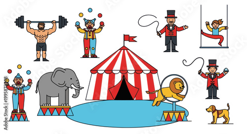 Circus Performance Elements: Lion, Elephant, Clowns, Acrobat, Strongman, Ringmaster