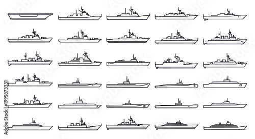 Collection of Warship Silhouettes, Naval Fleet Icons, Military Vessels Line Art