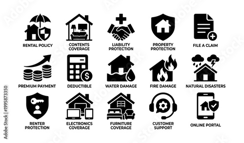 Insurance icons showing rental and property protection on white