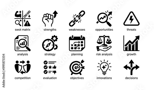 Business strategy icons illustrating swot analysis and planning