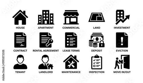 Property and tenancy icons grid showing real estate actions