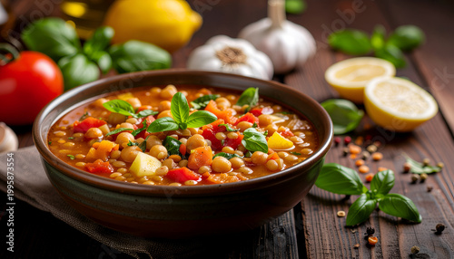 Hearty vegetable lentil soup with herbs in rustic bowl.