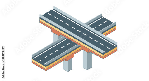 Isometric Vector Illustration of a Multi-Level Road Bridge Overpass and Highway Crossing isolated on white