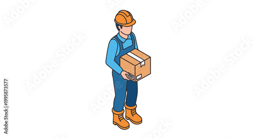 Isometric Vector Illustration of a Delivery Worker Holding a Cardboard Box, Manual Laborer in Blue Uniform and Safety Hard Hat for Logistics and Shipping Services