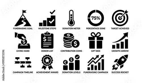 Fundraising icons of donations and growth on white background