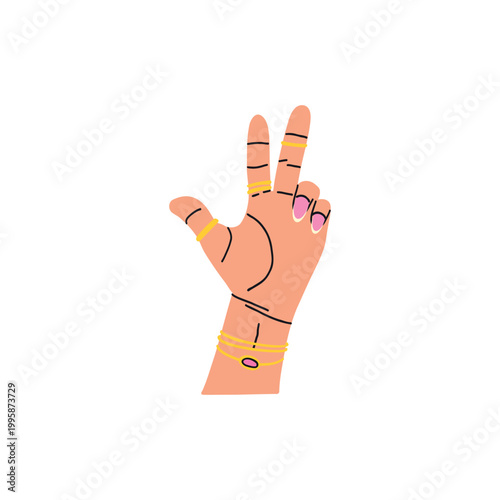 Hand making three sign. Manicured hand with rings and bracelets, showing counting gesture, communication and selection. Vector cartoon flat style isolated illustration