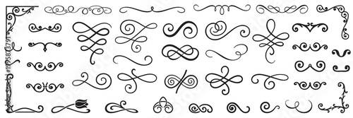 Set of black vintage calligraphic ornaments with elegant swirls and decorative filigree dividers, corners, elements on white background
