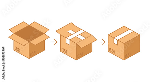 Step by step illustration of packing and sealing a cardboard box for shipping and logistics