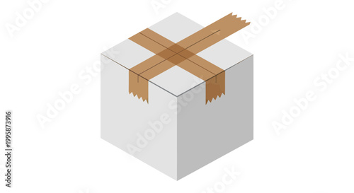 Isometric view of a sealed gray parcel box with brown adhesive tape for shipping and logistics