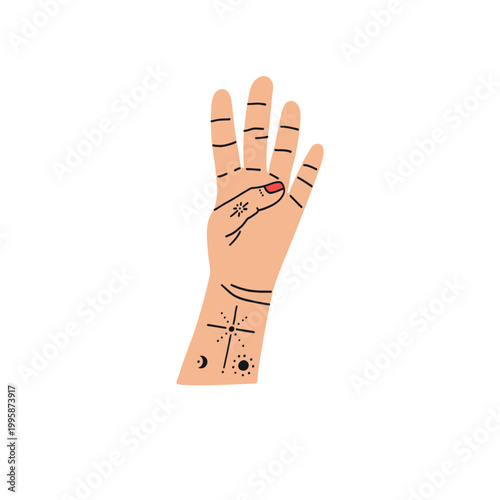 Open palm hand. Raised hand with red nail polish and tattoo symbols, arm gesture. Counting on fingers, body art and nonverbal communication. Vector cartoon flat style isolated illustration