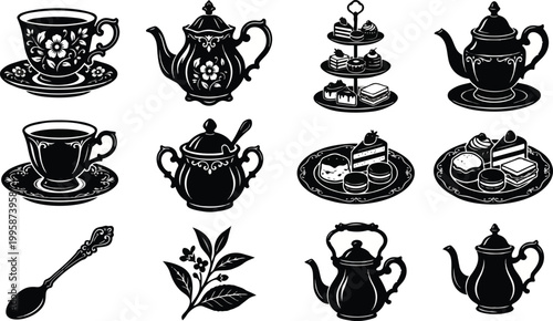 Elegant black and white illustrations of tea time essentials, featuring teacups, teapots, and pastries.