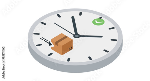 Isometric Vector Illustration of Express Shipping Service with Cardboard Box on a Clock Face Representing Fast Delivery and Punctuality