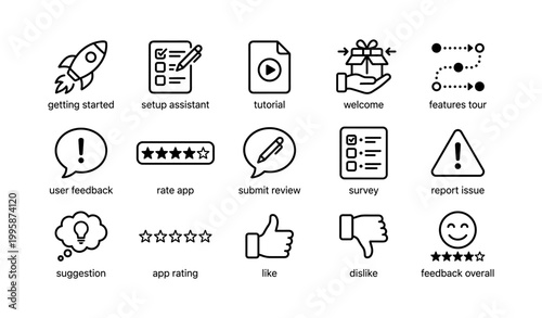 App onboarding and feedback icons displayed on white background
