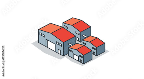 Isometric Industrial Warehouse and Factory Buildings Vector Illustration for Logistics, Storage, and Manufacturing Concepts