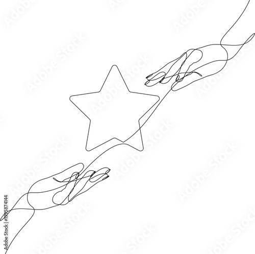 Minimal continuous one line illustration of one hand passing a star to another hand. Concept of quality rating, customer feedback, trust and business success. Linear vector design on white background.