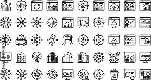 Smart technology analytics line icon set with automation dashboard network sustainability data monitoring editable outline vector collection for digital systems
