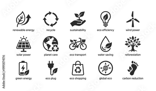 Environmental icons showing renewable energy and sustainability grid