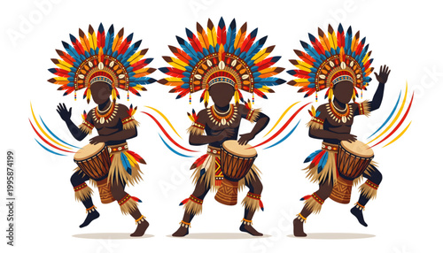 three faceless tribal dancers with kundu drums performing dynamic cultural dance on transparent background