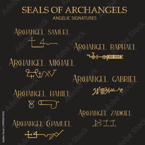 Seals of Archangels - Collection of Angelic Signatures and Magical Sigils. Esoteric Symbols for Michael, Gabriel, Raphael, Samuel, Haniel, Chamuel, and Zadkiel on Black Background Illustration.
