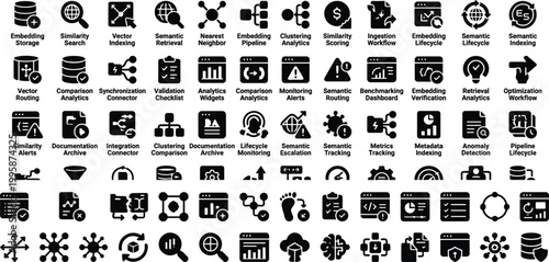 Fotografija Vector database workflow line icon set with embedding indexing similarity analyt