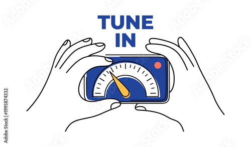 Hands holding smartphone with gauge and tune in text on white