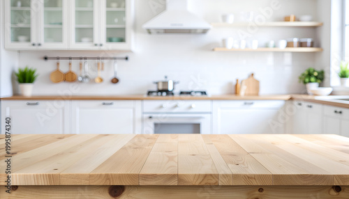 Empty wooden countertop in bright modern white kitchen interior.