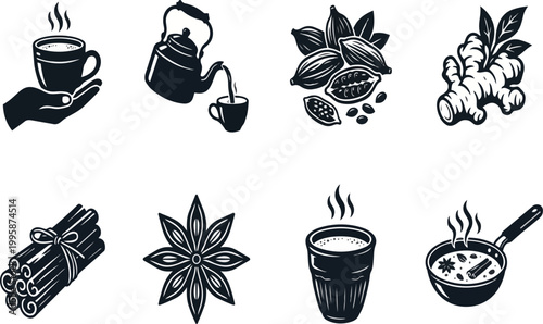 Collection of warm beverage ingredients and preparation icons
