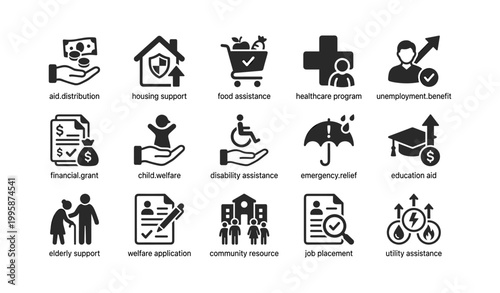 Grid of social service icons representing welfare and aid programs