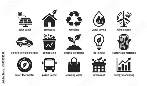 Sustainability and energy icons for eco features on white background